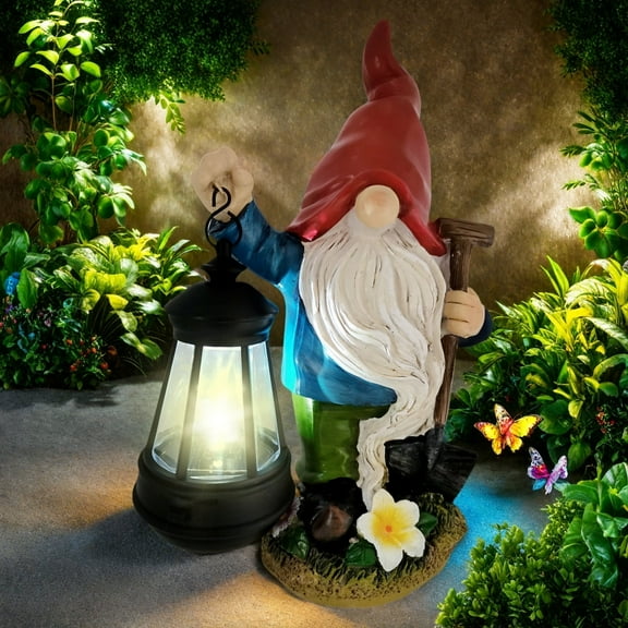 Resin Garden Gnome Statue with Shovel, Spring Outdoor Decor Figurine Holding Solar Lantern