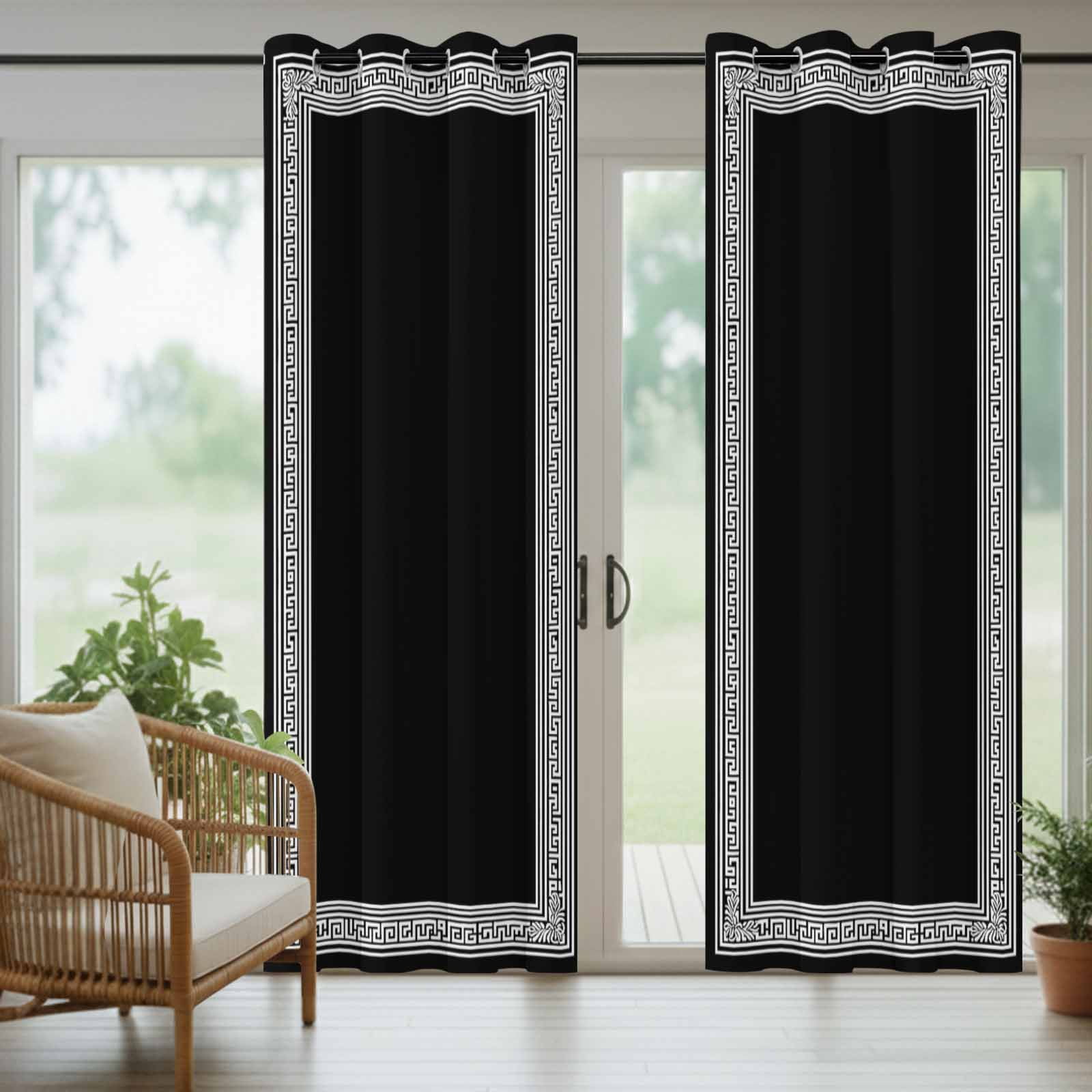 Black White Outdoor Curtains for Patio Waterproof, Geometric Greek Key Bordered Abstract Art Grommet Curtains for Porch Outside Privacy Drape for Gazebo Garden Pergola, 2 Panels, 54x84in