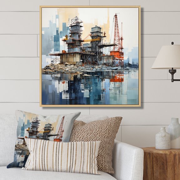 Designart "Blue Oil Rigs landscapes Industrial II" Oil Rigs / Fields Floater Framed Wall Decor