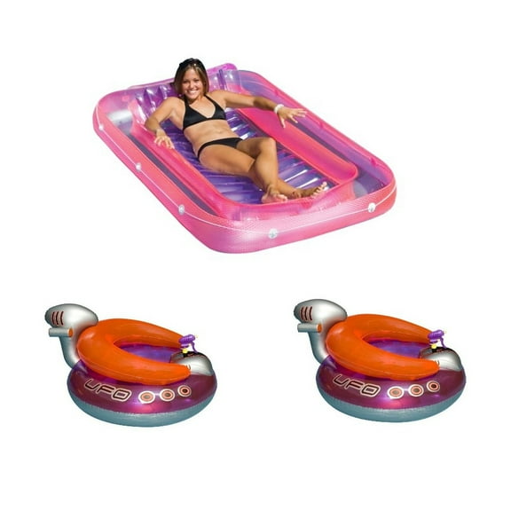 Swimline Suntan Lounge Pool Raft and UFO Chair Pool Float W/ Squirt Gun, Adult, Pink (2-Pack)