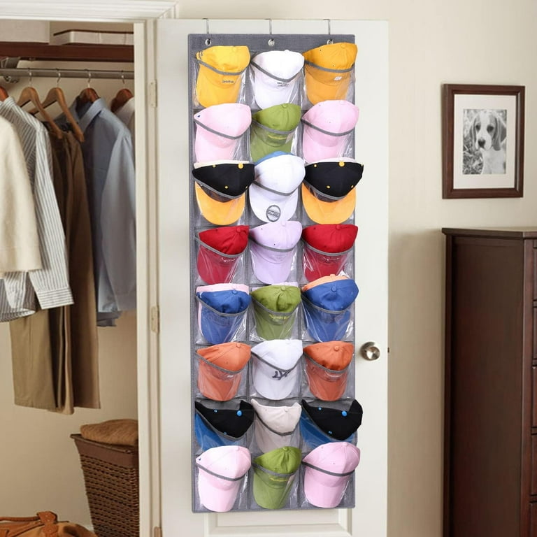 XKDOUS Over the Door Cap Organizer 24 Pockets Baseball Hat Rack Hanging Hat Organizer Hat Holder Over Door Cap Storage with 3 Hooks Gray