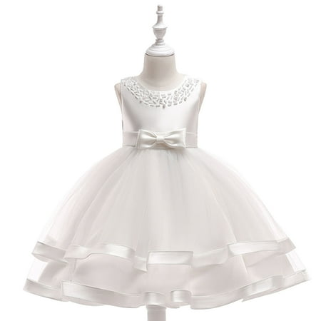 

Rewenti Toddler Girls Solid Color Pearl Net Yarn Bowknot Birthday Party Flowers Gown Kids Dresses Girl s Gift White 5-6 Years