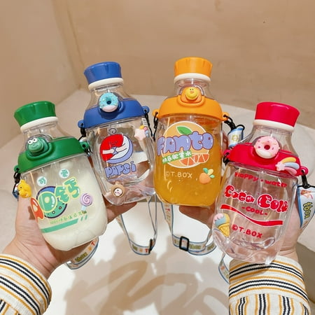 

Washranp 14oz Water Bottle with Strap and Straw Plastic Large Capacity Cartoon Shape Leakproof Drinkware Flip Top Lid Water Jug for Hiking Travel