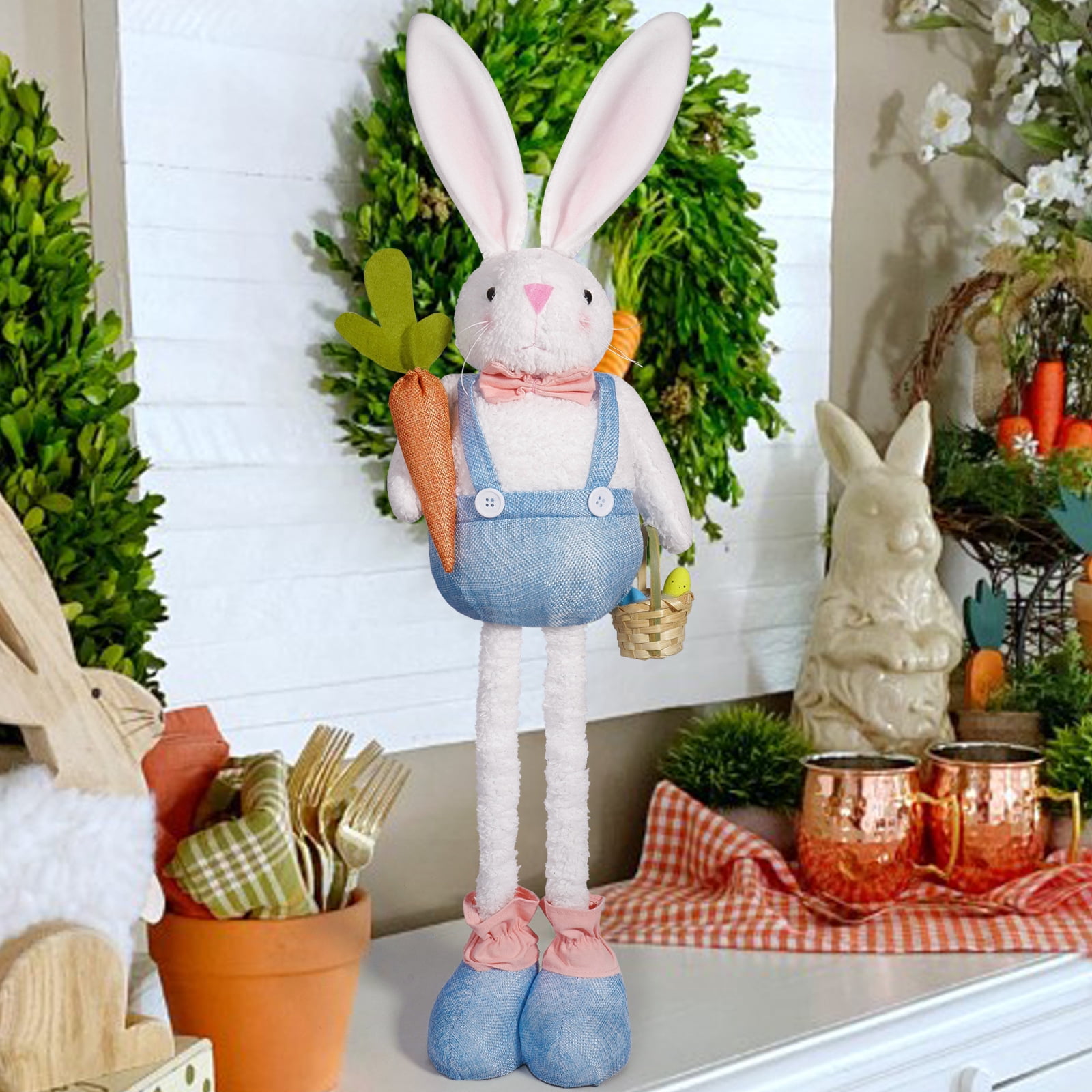 Easter Bunny Telescopic Leg Doll Holding Radish Basket Cute Plush Doll Ornament,Easter Bunny Plush Decorations Easter Bunny Stuffed Animal Cute Rabbit Plush Easter Basket Stuffers Gifts
