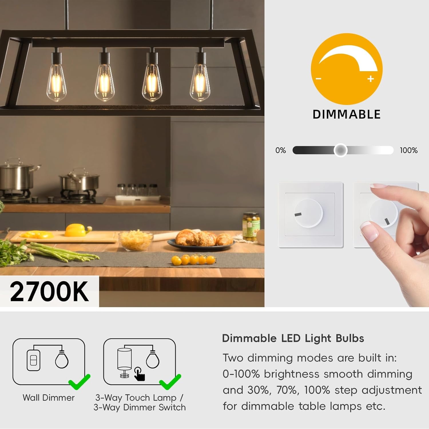 FEFEFW-Edison LED Light Bulbs E26 Bulb 60 watt Equivalent Dimmable Light Bulbs 2700K Warm Soft White Vintage 7W Edison Bulbs 110V 120V 800 Lumen CRI90, 4 Pack