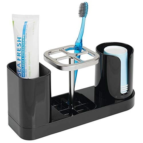 Gray/Brushed Compact Design mDesign Plastic Bathroom Vanity Countertop Dental Storage Organizer Holder Stand for Electric Spin Toothbrushes/Toothpaste with Compartment for Rinse Cups