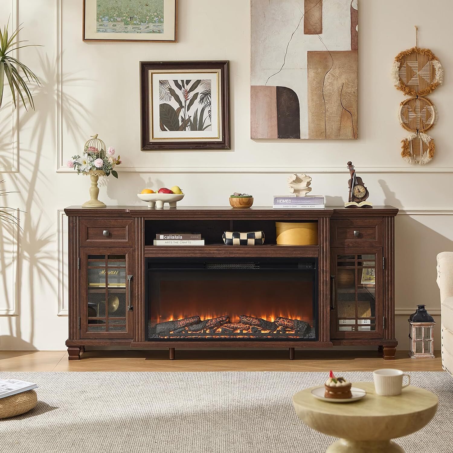 70" Fireplace TV Stand, Up to 80 inch, Entertainment Center with Electric Fireplace, Storage Cabinets, Open Shelves and Drawers, Media Console for Living Room, Walnut