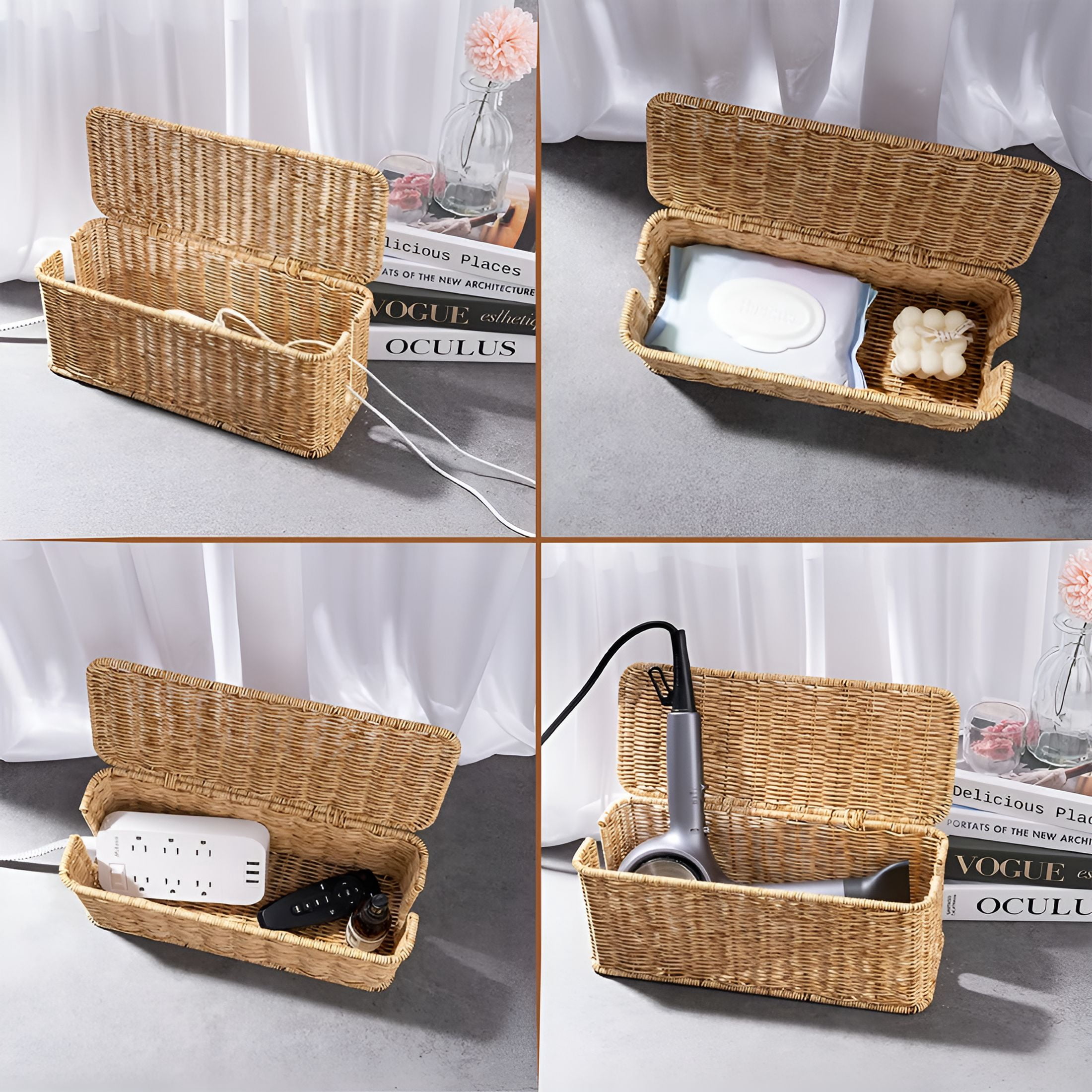 CCOCC Cable Management Box,Handmade Rattan Cable Organizer with 2 Open Slots,Cord Hider for Power Strip,Router & USB Hub,13" x 5.1" x 5.1",Natural