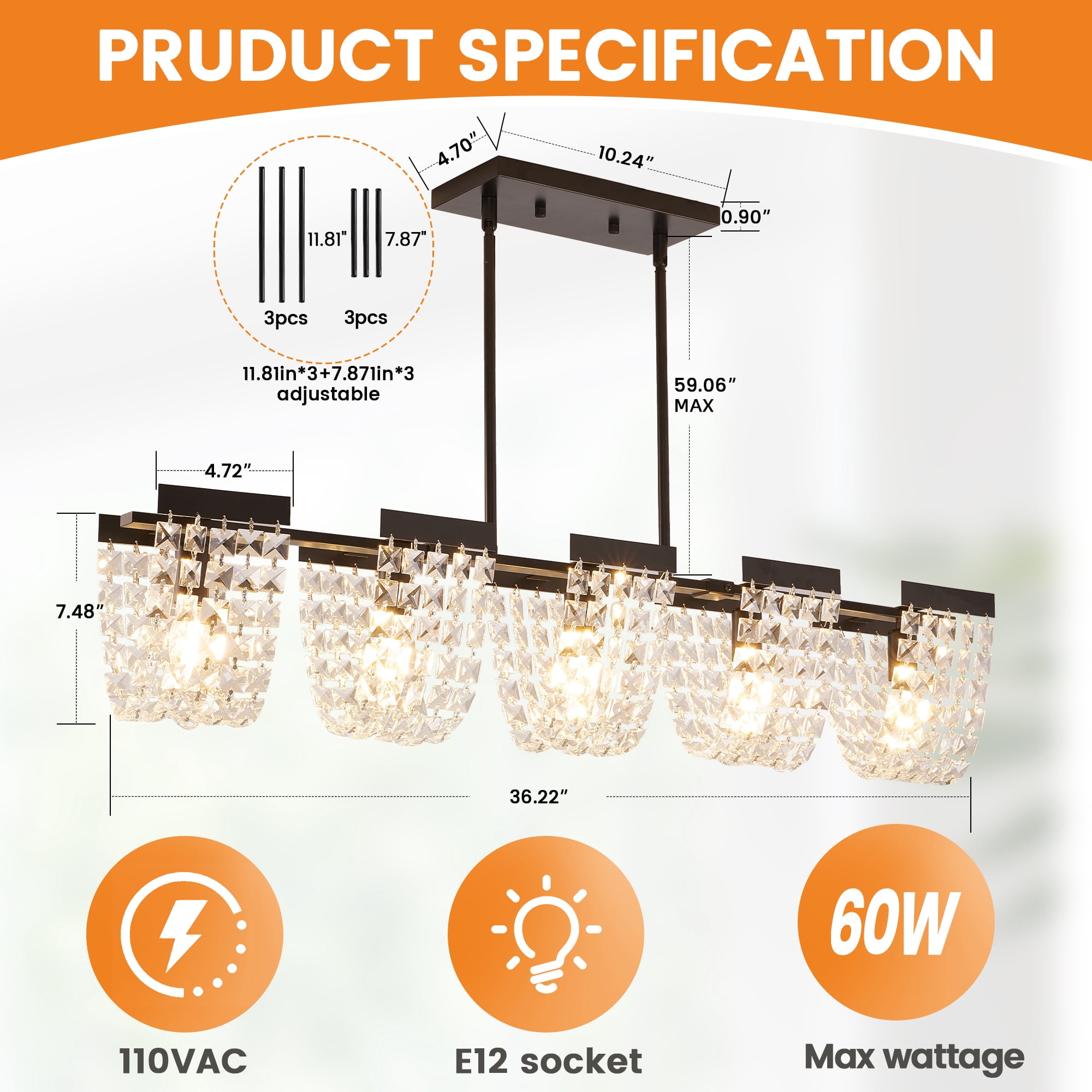 LovingAHome 5-Light Vintage Crystal Chandeliers for Dining Room Rustic Kithchen Island Pendant Light Fixtures
