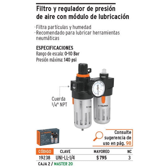 Filtro y regulador de aire con módulo de lubricación Truper Filtro y regulador de aire con módulo de lubricación