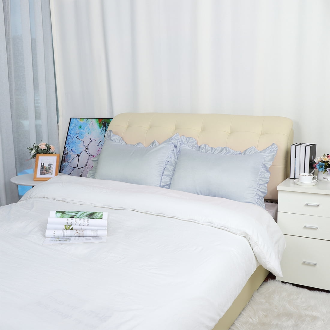 Unique Bargains 4-Piece Satin Ruffled Edge Pillow Shams, Standard, Silver