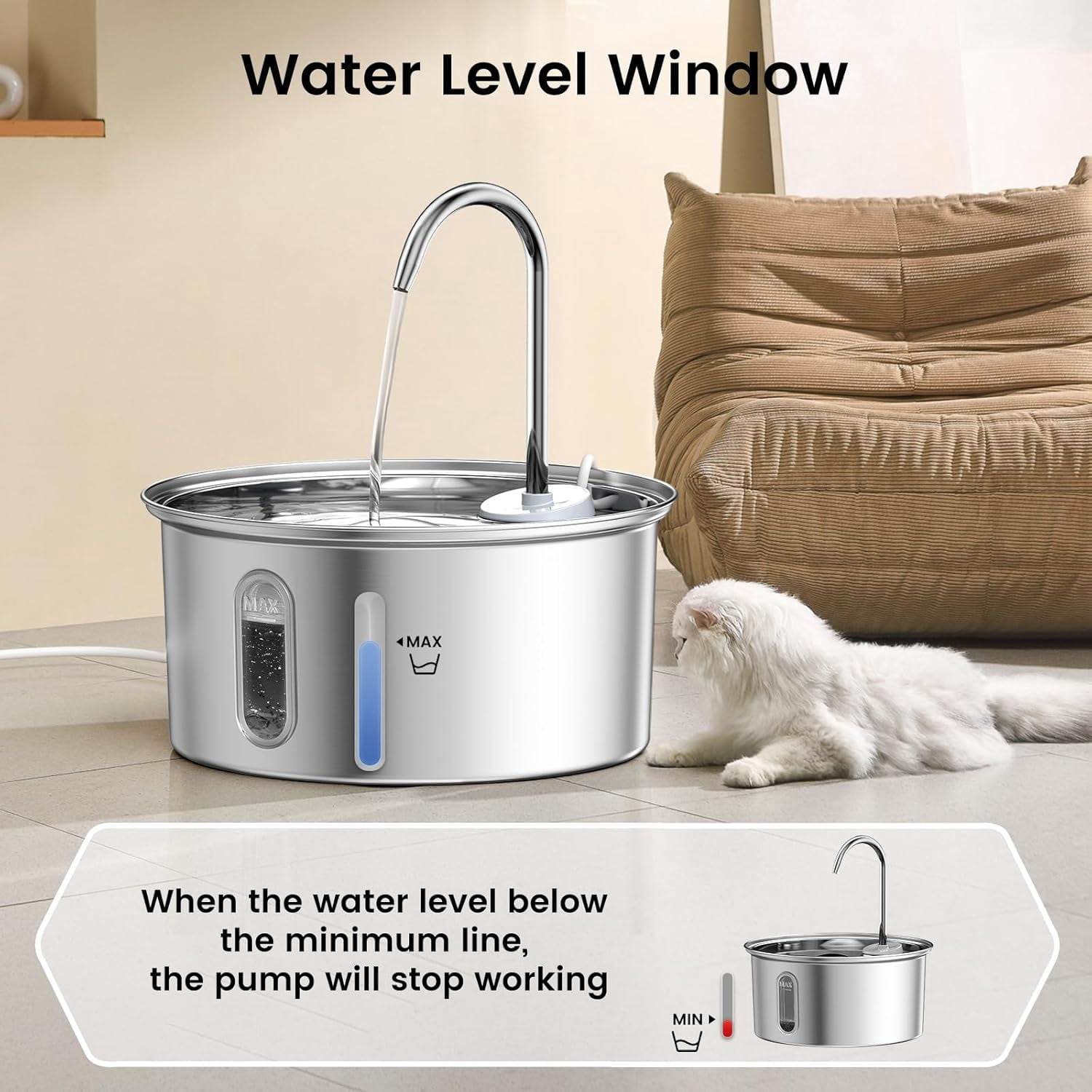 Petlipo Cat Water Fountain Stainless Steel, 108oz/3.2L Cat Fountain for Drinking, Pet Fountain Water Bowl Dog Drinking Dispenser, Super Quiet Kitty Spout with 4 Filters 4 Sponges (One in Filter Tray)