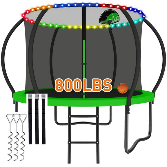 CITYLE 8FT Trampoline with Enclosure Net and Lights, Outdoor Trampoline for Kids and Adults, 800LBS Trampoline with Basketball Hoop, Galvanized Steel Heavy Duty Trampolines with Wind Stakes