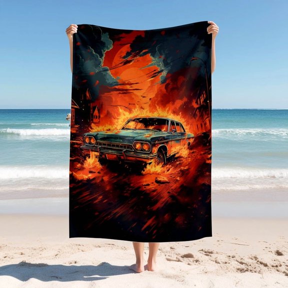 Beach Blanket ,Pattern with A Car is on Fire ，Quick Drying Thick Soft Sand Proof Swimming Bath Travel Picnic Towel,Perfect for Beach