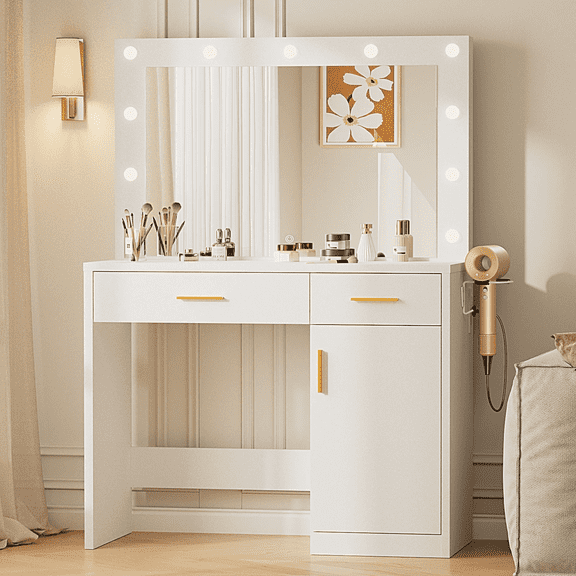 LIFERECORD Vanity Desk with Mirror and Lights, Makeup Vanity Table with Hair Dryer & Power Outlet, 2-Drawer Dressing Table for Bedroom,White
