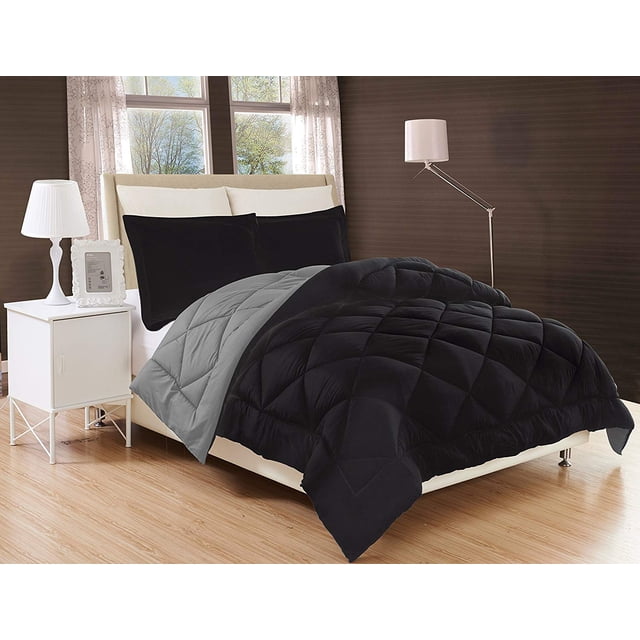 Mocassi Duvet Inserted Reversible 2pc Comforter Set with Shams Twin, Black/Gray