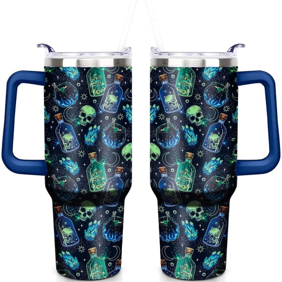 Halloween 40oz Insulated Stainless Steel Tumbler - Ghost & Pumpkin Design,Spill-Proof Lid,Handle & Straw,Travel Coffee Cup,Boo Gift for Women Men (1PC)