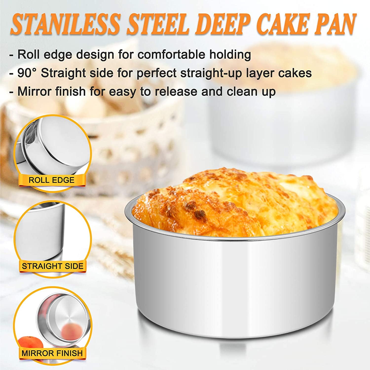 TeamFar Cake Pans, 2 PCS Stainless Steel Round 3 Inch Deep Baking Cake Pans  for Wedding Birthday Party, Non-Toxic & Heavy Duty, Deep Wall & Straight