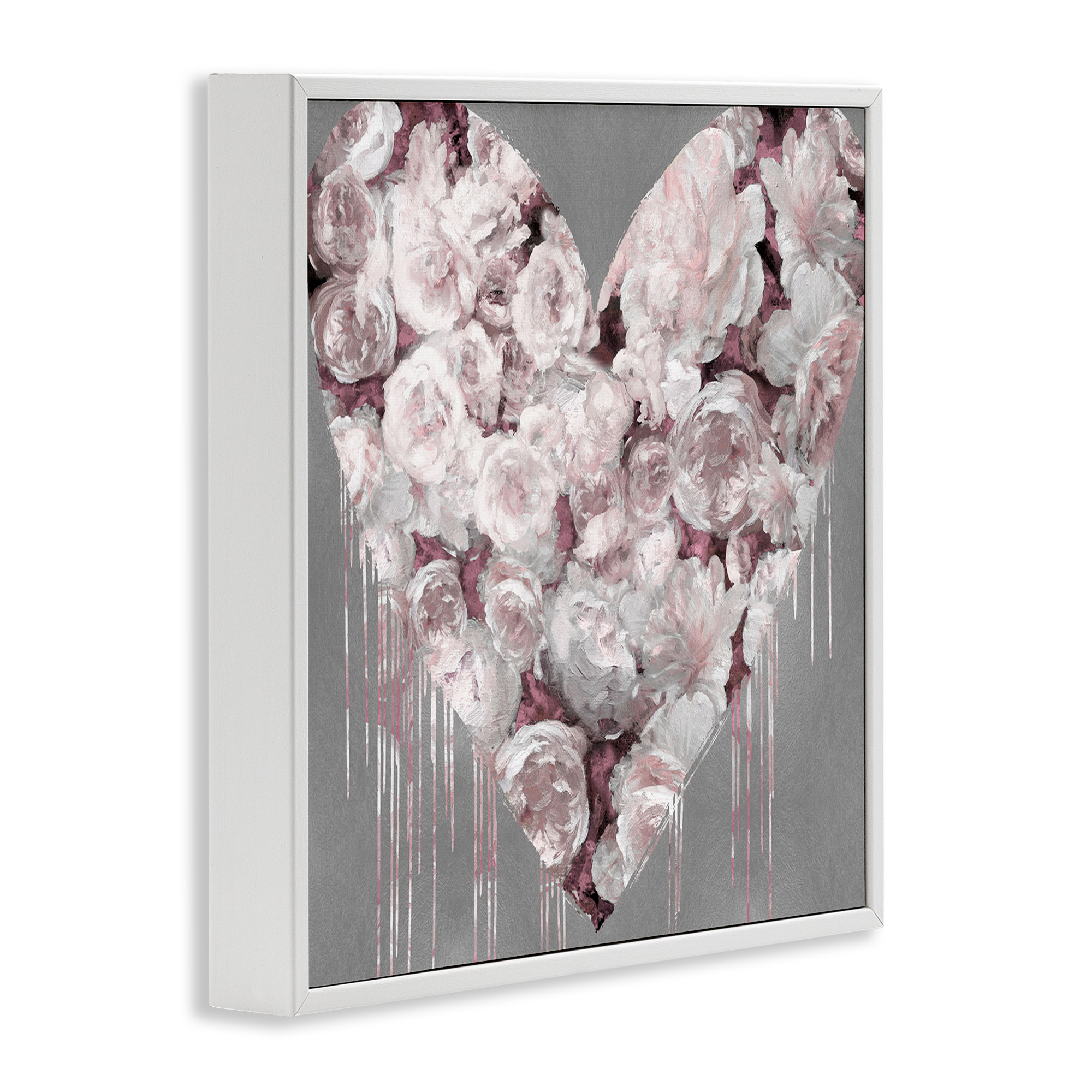 Stupell Industries Pink Rose Heart over Grey Botanical & Floral Painting White Framed Art Print Wall Art, 24 x 24