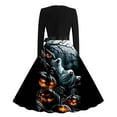 thumbnail image 3 of Halloween Dresses for Women 1950s Vintage Printed Long Sleeve V Neck Plus Size Evening Prom Dress with Belt, 3 of 3