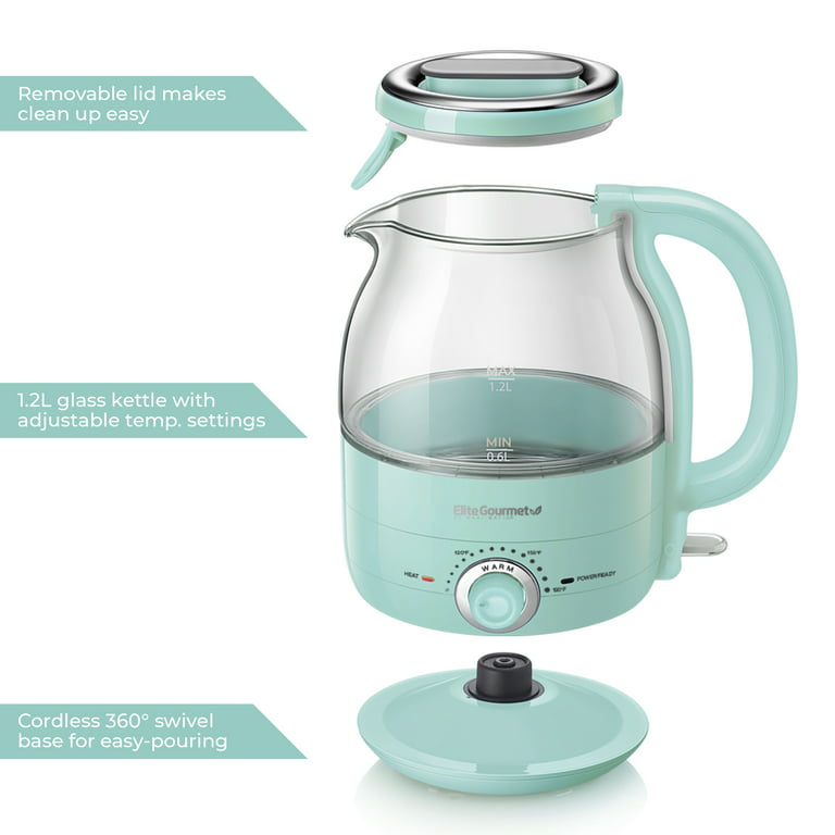 Elite Gourmet 1.2L Adjustable Temperature Electric Honeypot Glass Kettle  with Keep Warm, Mint 