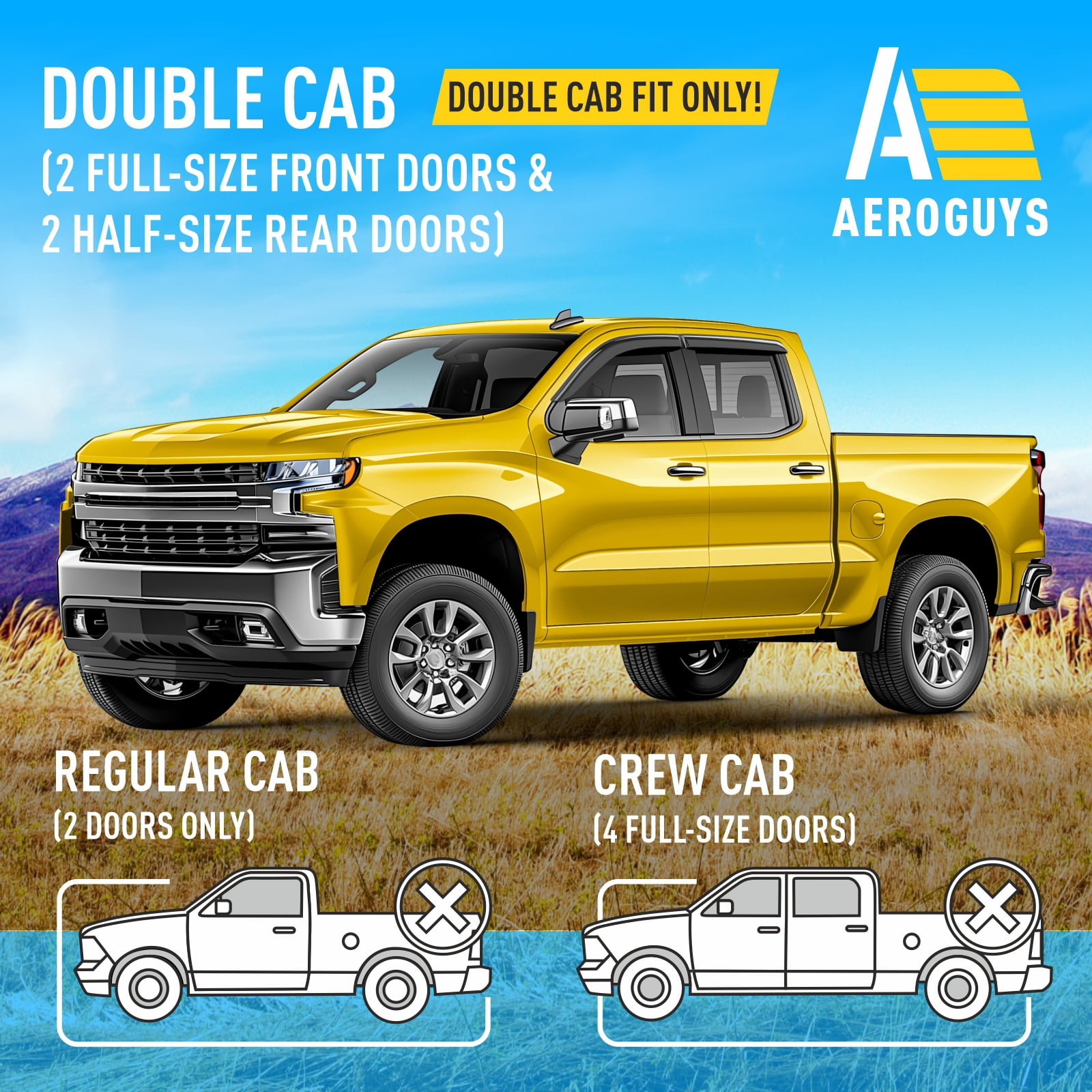 AEROGUYS Tape-On Window Deflectors Extra Durable Window Visors Rain Guards Fit for Chevrolet (Chevy) Silverado 1500 2019-2026 Double Cab, Sun Visors,Wind Vent Visors,Truck Accessories - 4 pcs. AG0024