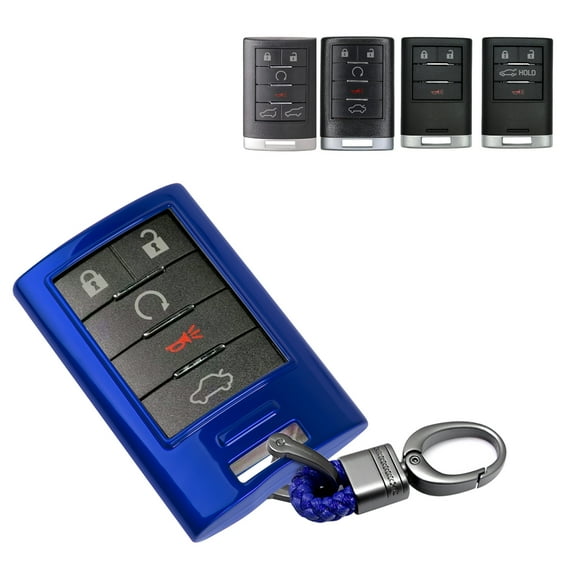 Xotic Tech Gloss Blue ABS Key Fob Shell Cover w/Keychain, Compatible with Cadillac ATS CTS XTS DTS SRX Escalade Chevrolet C7 Corvette 4 5 6 Buttons Smart Keyless Entry Key OUC6000066 5923887 22756465