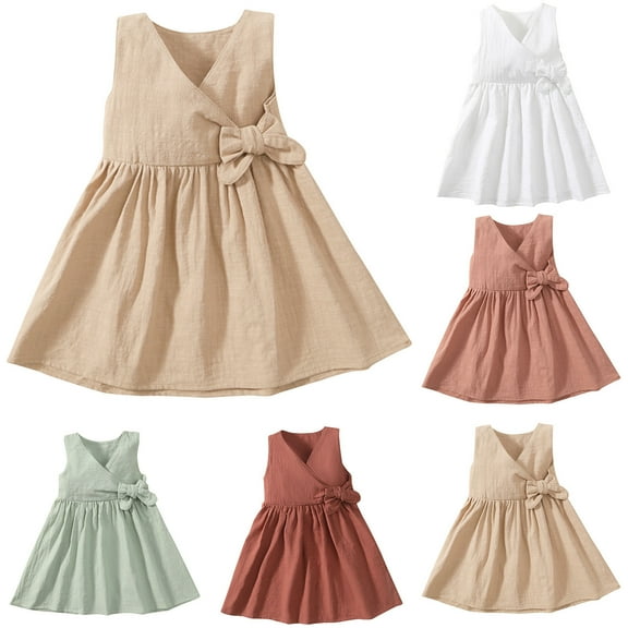 Nrmvnmi Toddler Girl Princess Dress Summer Solid Color V-Neck Sleeveless Linen Cotton Dress Bow Kids Grace Casual Loose Fit Comfortable Dresses Clothes