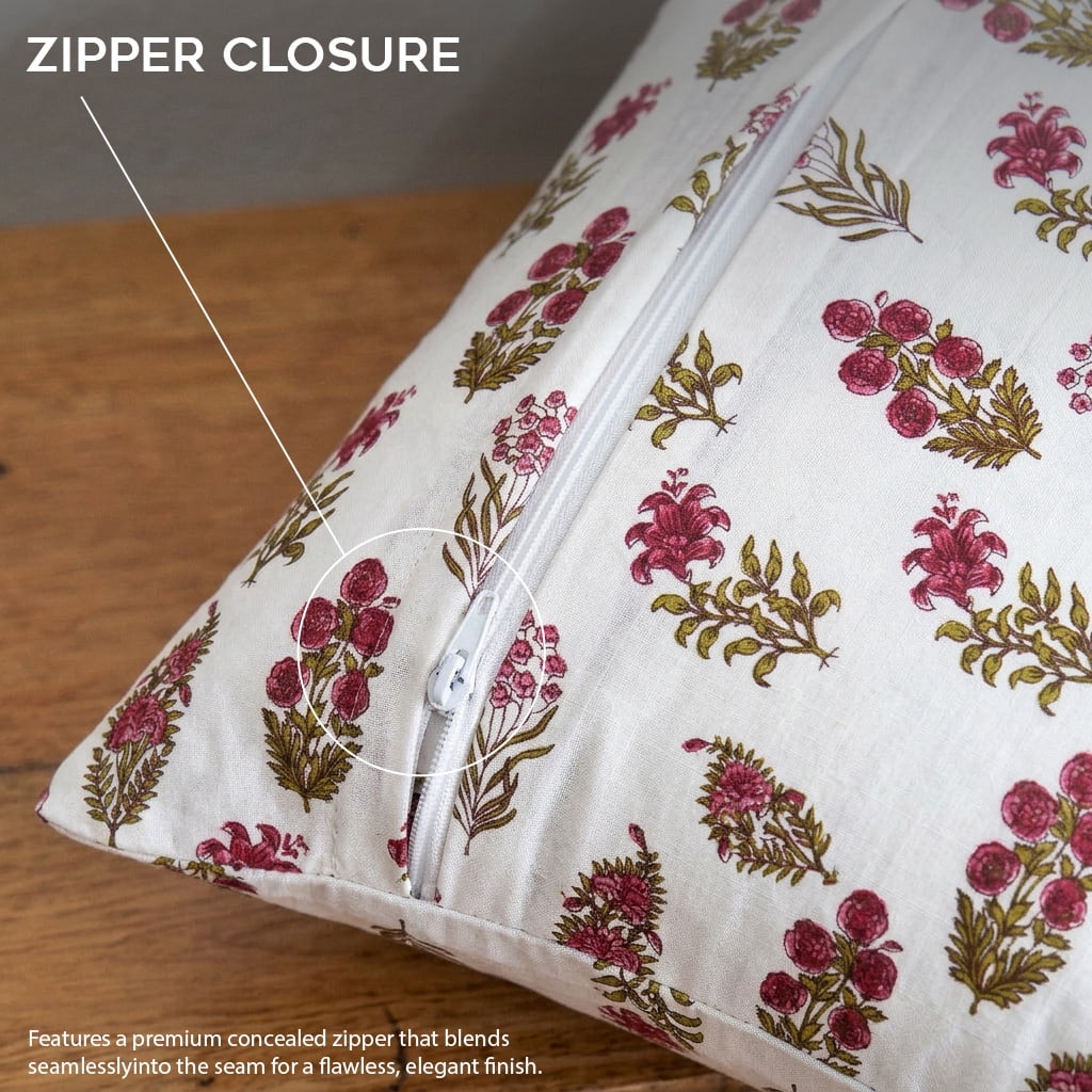 SHOPCREW Hand Block Printed Cotton Cushion Covers with Zipper Closure, Decorative Throw Pillow Covers for Sofa Couch Bed, 18x18 Inches, Pack of 4 - Wildflower Symphony