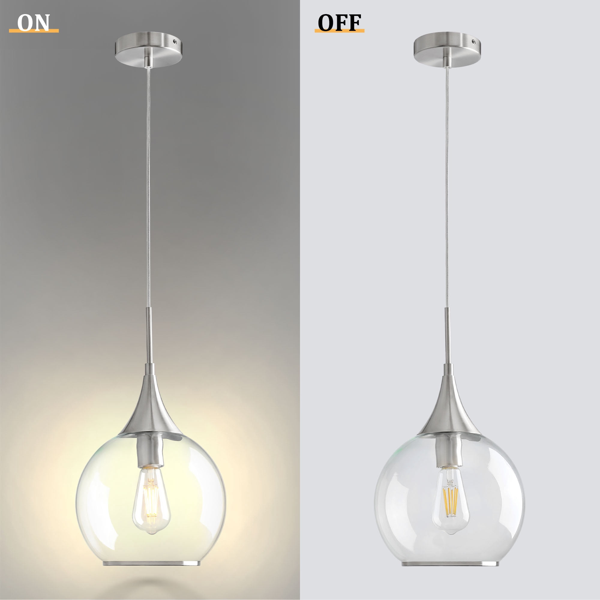 KAISITE Modern Dimmable Kitchen Island Pendant Light, Brushed Nickel Clear Glass Shade Hanging Fixture