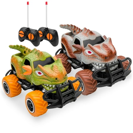 Best Choice Products Set of 2 1/43 Scale 27MHz Toy Dinosaur RC Cars w/ 2 Controllers  9mph Max Speed