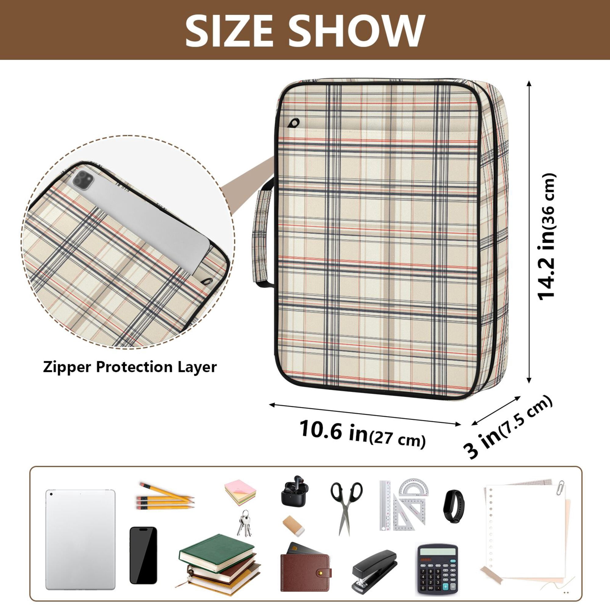 FORMRS Accordion File Folder A4 Size 7-Pocket Expanding Document Organizer Bag with 3 Ring Binder, Beige Plaid Pattern