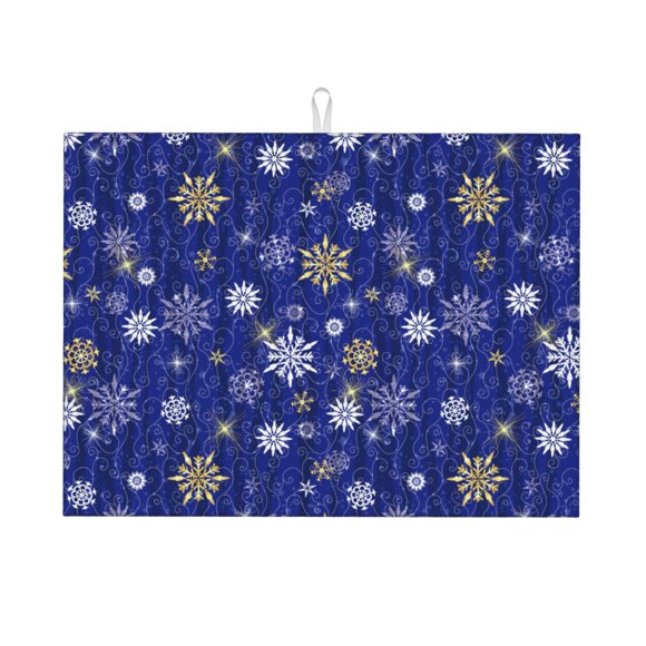 Vsdgher Golden Snowflakes Royal Blue Print Dish Drying Mat Super Absorbent Drying Mat Large Dish Drying Mats for Kitchen Counter Kitchen Drying Mat 24" x 18"
