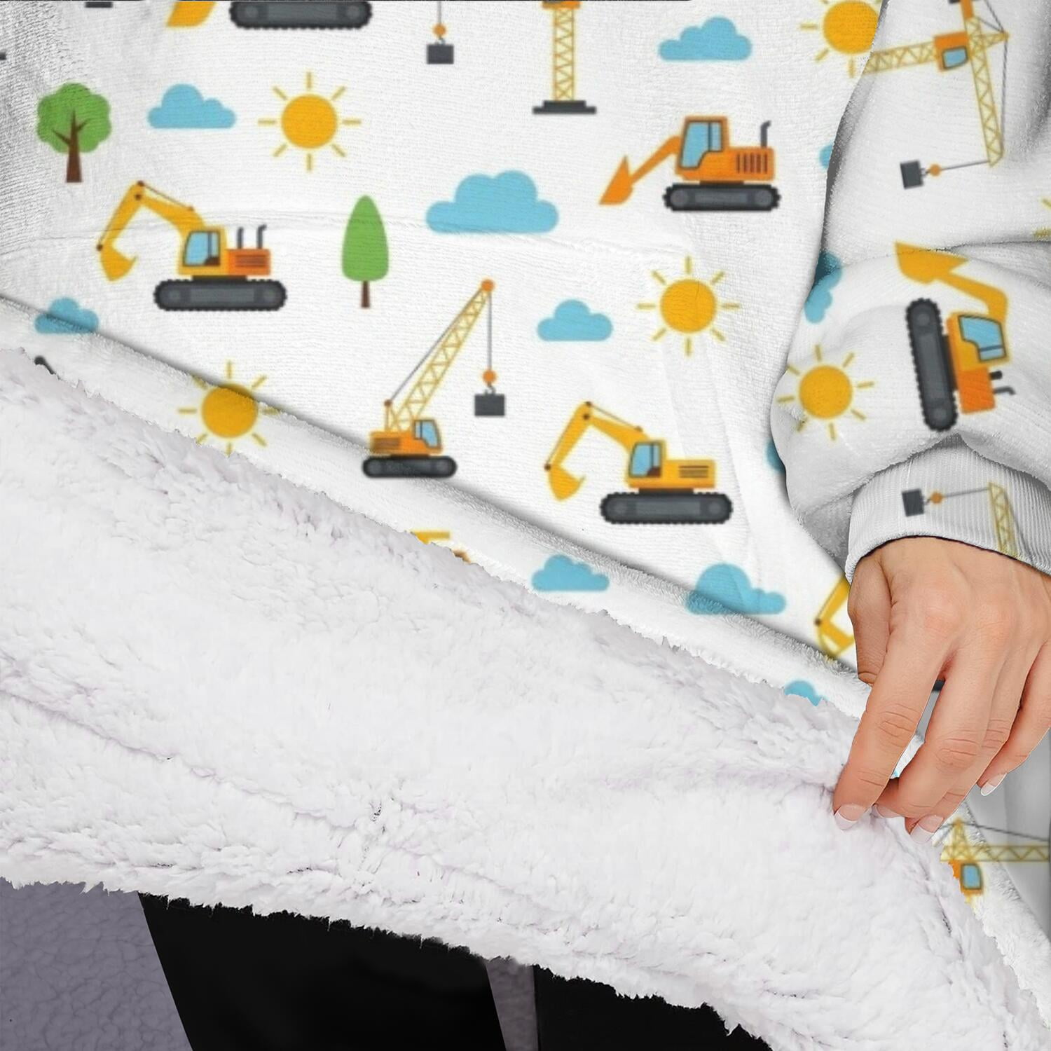 Oversized Wearable Blanket Hoodie,Cartoon Construction Vehicles Suns Sherpa Blanket Hoodie with Super Pockets,Super Warm Fuzzy Pullover for Women & Men