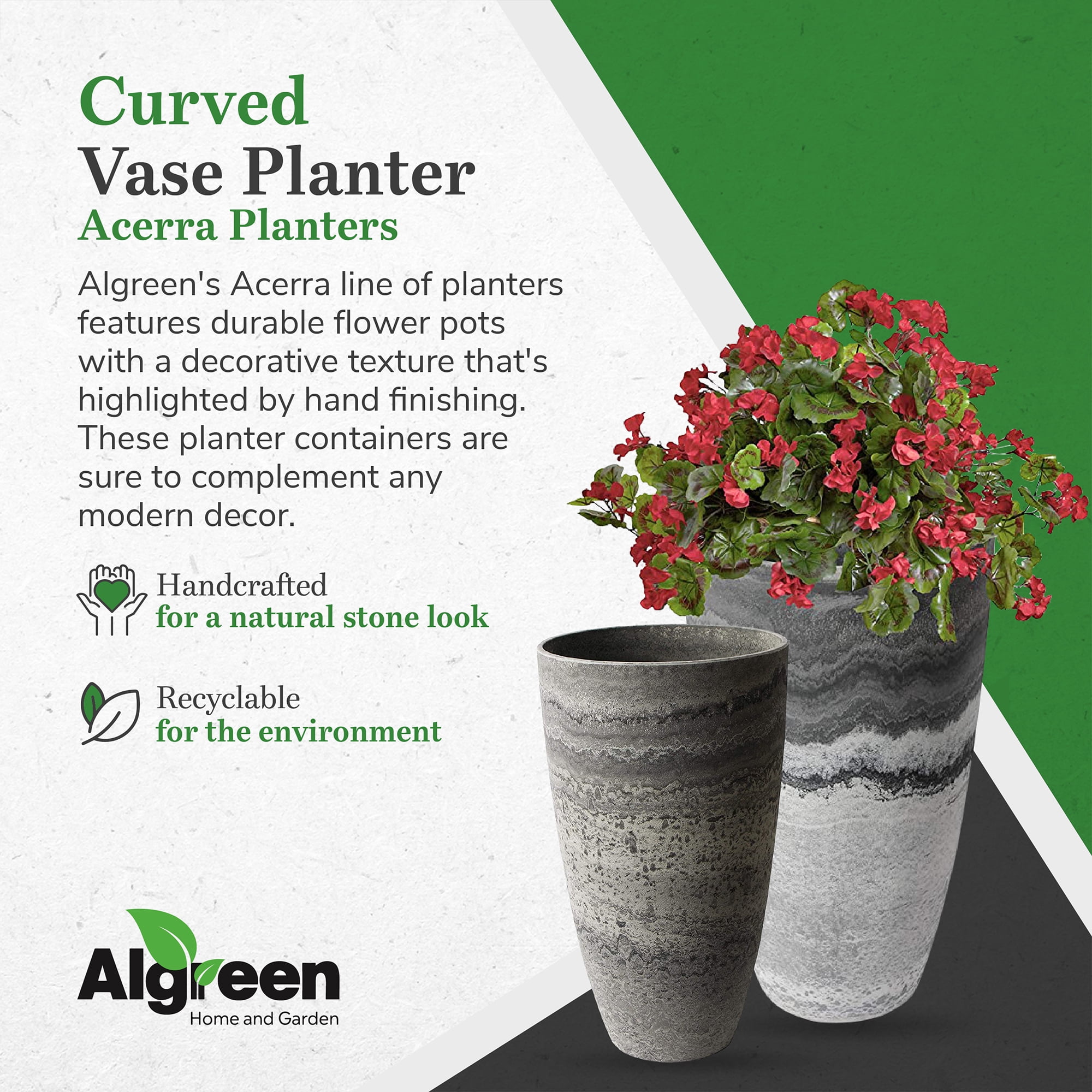 Algreen Acerra 12 x 20" Curved Patio Vase Garden Planter, Marble (2 Pack)