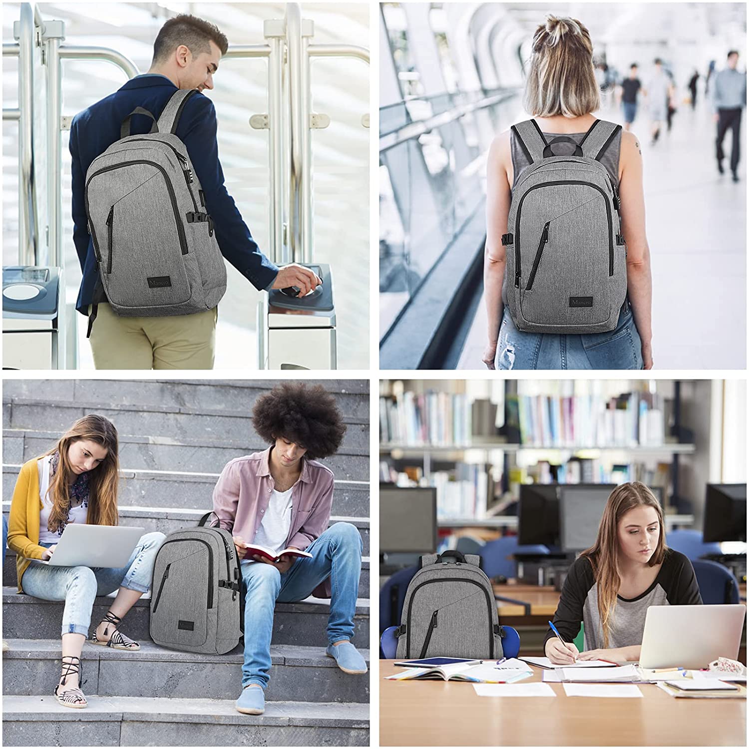 mancro business water resistant polyester laptop backpack with usb charging port and lock fits under 17-inch laptop and notebook, grey - image 4 of 9