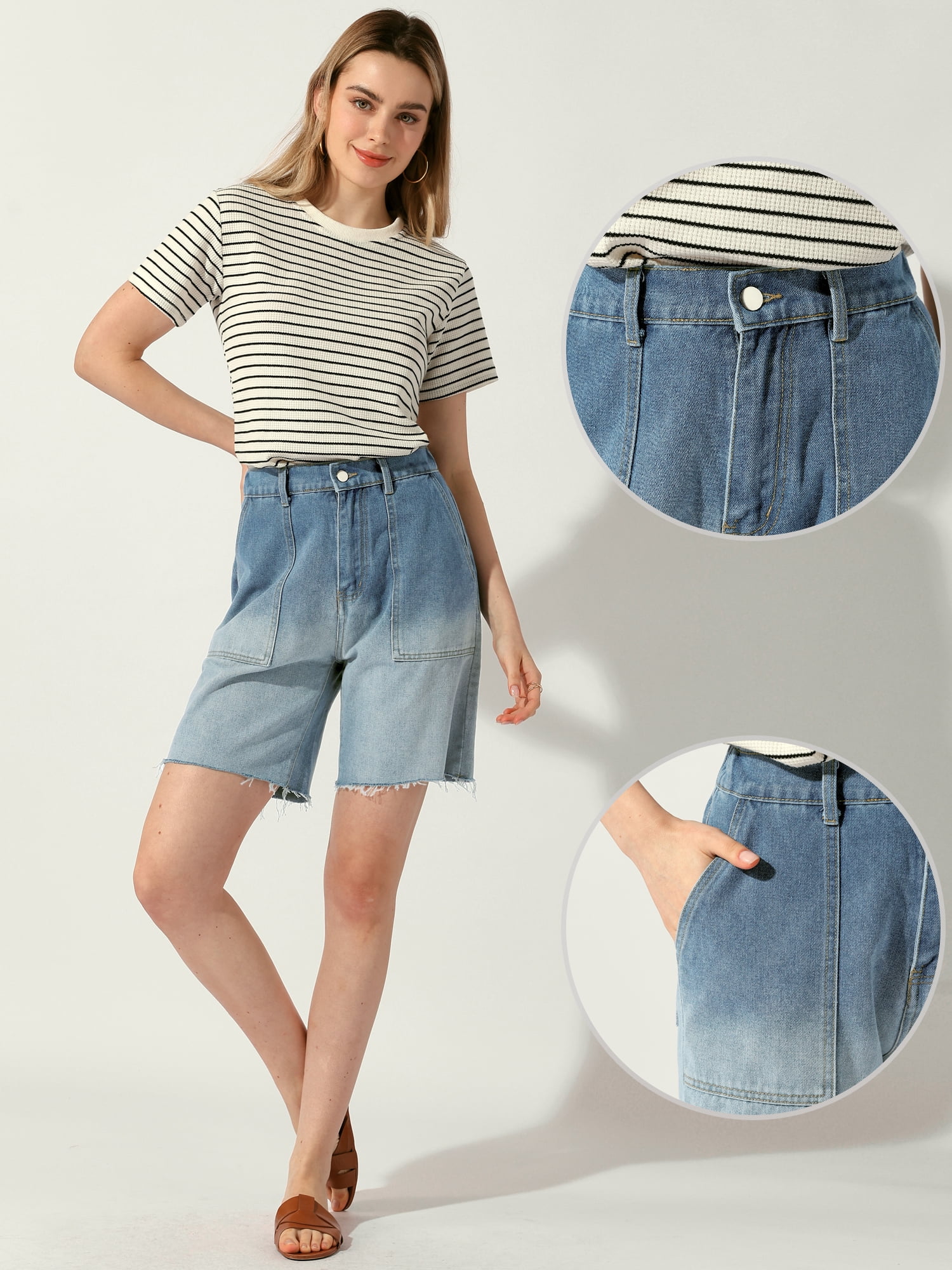 DARING DIVA Women's Denim Elastic Waist Straight Leg Denim Shorts L Blue