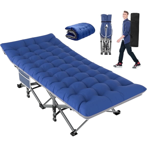 PNKKODW 28" XL Folding Camping Cot for Adults, Max Load 500lbs Portable Camping Sleeping Cot Bed with Mattress & Carry Bag for Office Home Nap Outdoor Camping Travel, Blue Cot Blue Gray Pad