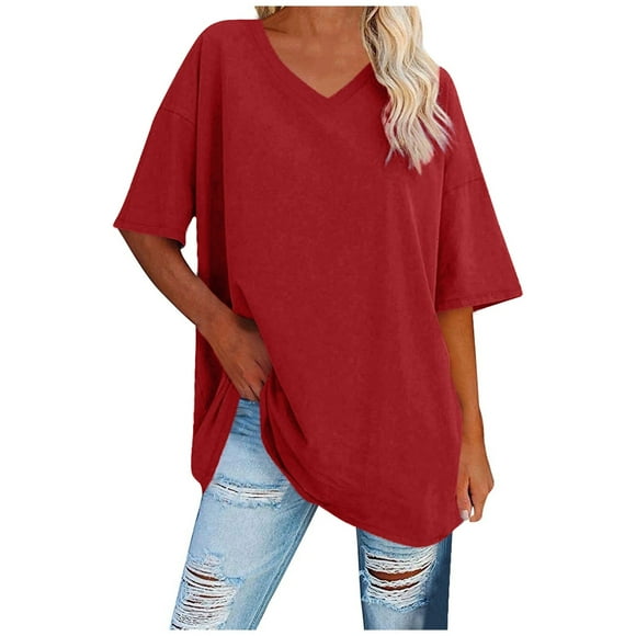 LUOGENLI Womens Tops Summer Cotton Women's Loose Fit Neck Short Sleeve Striped Casual T Shirt Red Size XL