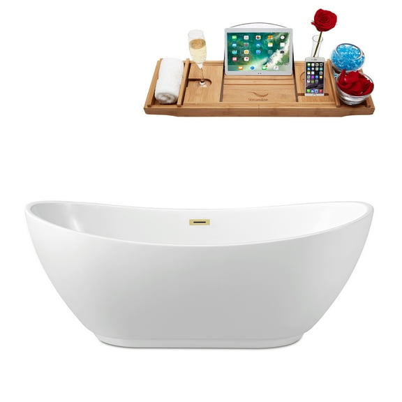 67" Streamline N581PBR Soaking Freestanding Tub and Tray With Internal Drain in Polished Brass