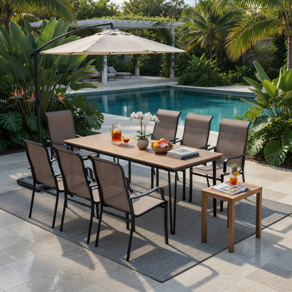 Hommoo 2-Pack Outdoor Dining Chairs, Wide Seat, Heavy-Duty Metal Frame, Breathable Mesh Back, Patio Chairs for Deck, Garden, Porch, Brown & Black