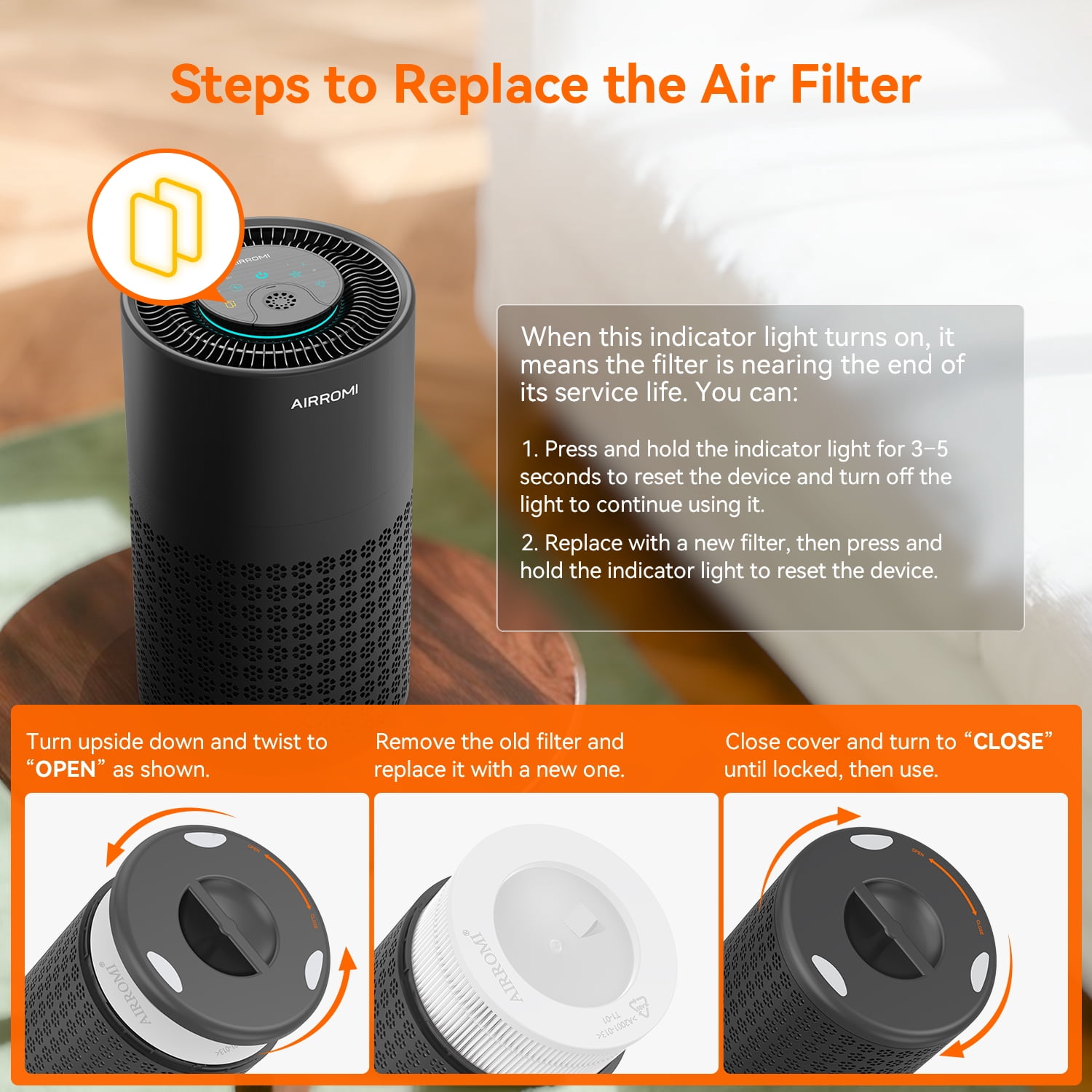 AIRROMI Air Purifier for Home Bedroom Covers 990 Ft² - Hepa 3-in-1 Filter, with Aromatherapy, Night Light & Timer, Remove Smoke, Pet Dander, Odor, Dust,A2001 Black