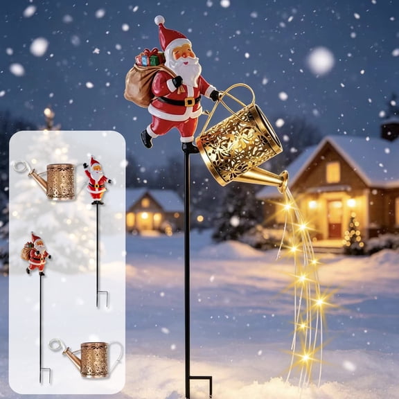 Christmas Solar Santa Claus Watering Can, Outdoor Christmas Yard Stakes, Solar Watering Can with Cascading Lights Outdoor Garden Decor