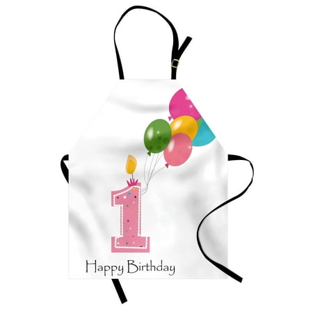 Party Bib - 1st Birthday Apron Baby Girl Toddler Party Candlestick with Colorful Balloons Print, Unisex Kitchen Bib Apron with Adjustable Neck for Cooking Baking Gardening, Pale Pink and White, by Ambesonne