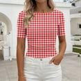 thumbnail image 2 of Htigea Plaid T-Shirts for Women Slim Short Sleeve Boat Neck Tops Cute Tees Y2K Trendy Side Ruched Summer Shirt Red S, 2 of 7