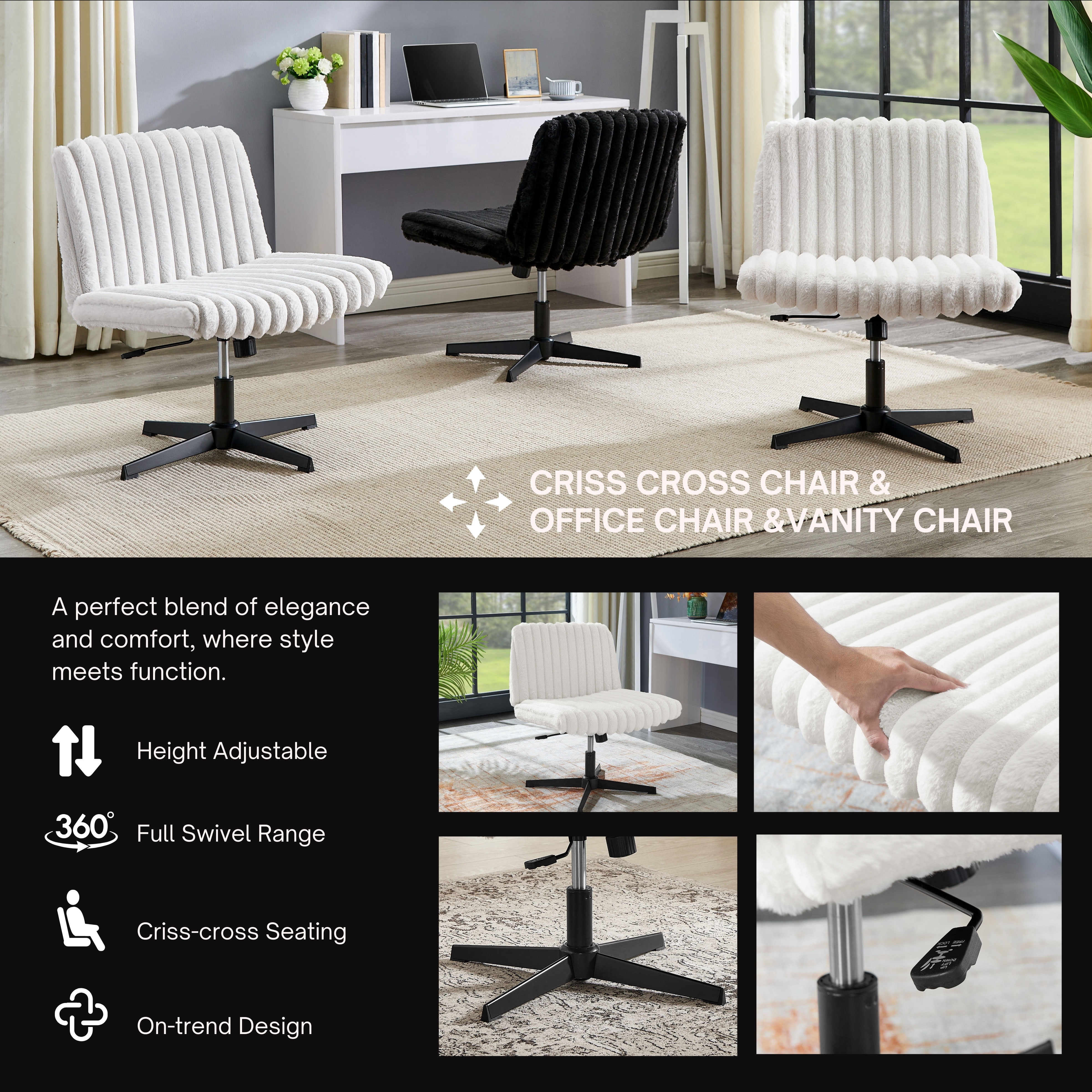 CQSXDA Wide Seat Adjustable Swivel Criss Cross Chair, for Office and Vanity Use, Ergonomic Design