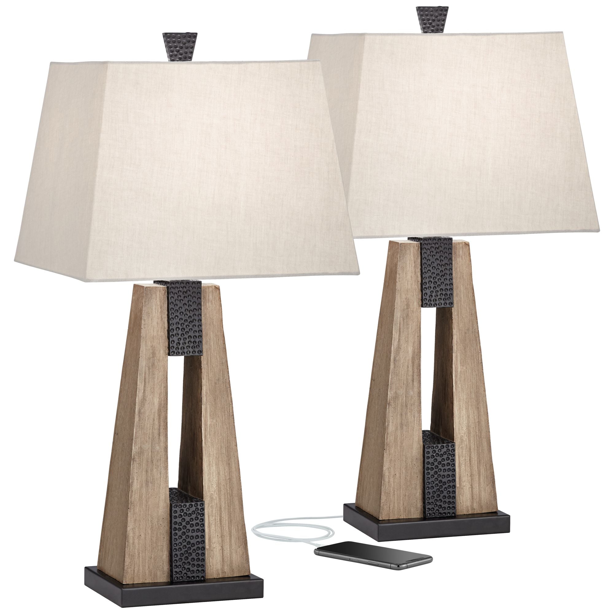 John Timberland Mitchell Rustic Farmhouse Table Lamps 27" Tall Set of 2 Wood with USB Charging Port Oatmeal Tapered Rectangular Shade for Living Room