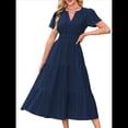 thumbnail image 3 of Vestido Midi Bohemio de Playa para Mujer, Informal, Ligero, de Verano, con Mangas , Escote en V y Cintura Elástica, con Bolsillos. Azul Marino S, 3 of 8