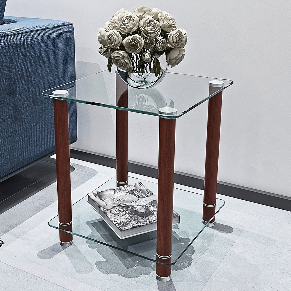 Kadyn End Table, 2-Tier Bedside Table with Storage Shelve, Side Table for Living Room Bedroom, Transparent+Walnut Kadyn End Table, 2-Tier Bedside Table with Storage Shelve, Side Table for Living Room Bedroom, Transparent+Walnut