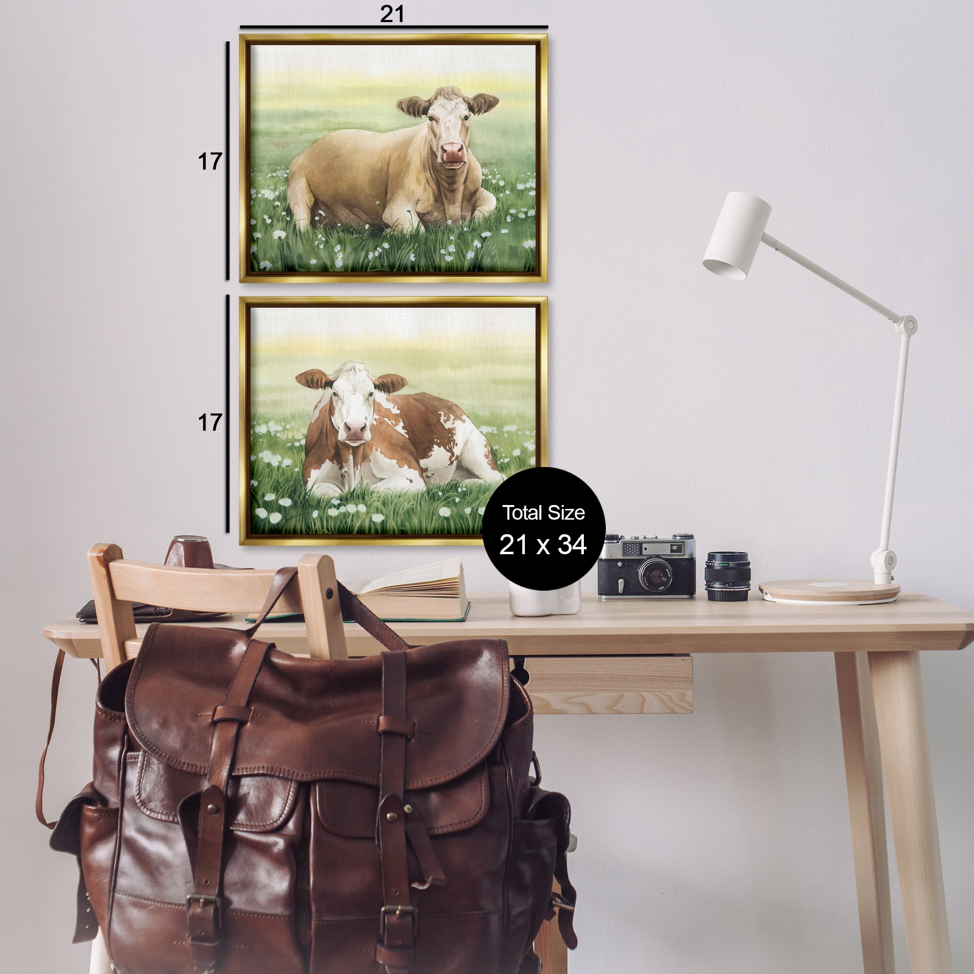 Stupell Industries Cows Resting in Flower Field Animals Painting Gold Floater Framed Canvas Art Print Wall Art, 21 x 17, Set of 2